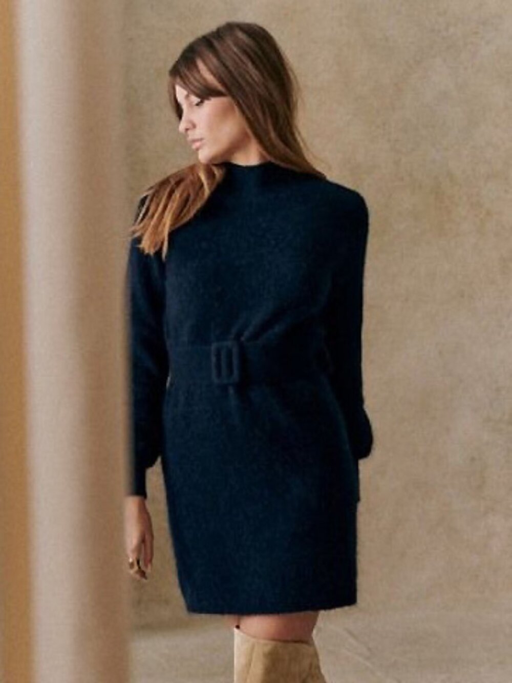 EUC Sezane Enola Mohair Wool Belted Mini Sweater Dress Navy Large